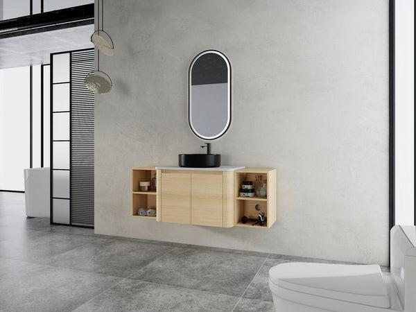 English Elm 54'' Wall-Mounted Bathroom Vanity With Elegant Ceramic Sink, Soft-Close Doors, Modern Shelving & More! W999S00476