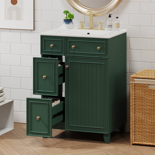 English Elm 24" Forest Green Bathroom Vanity Cabinet with Ceramic Sink, Soft-Close Door, 2 Drawers, Open-Back Access for Easy Plumbing and Durable Solid-Wood Frame N729P264336G