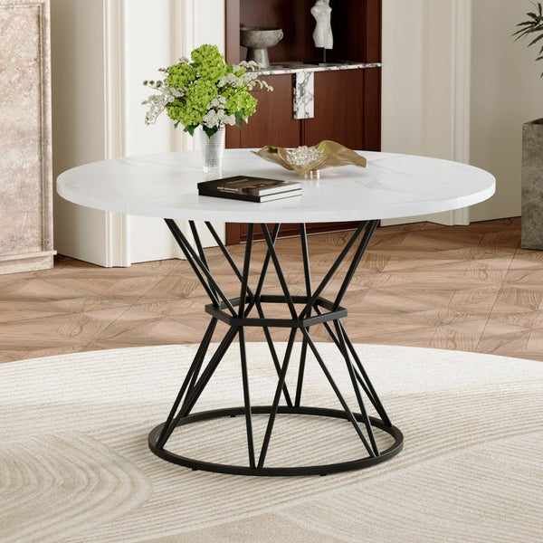 English Elm A Round Marble Patterned Mdf Dining Table with Matte Hourglass Base Seats Six White+Black W1151P434791