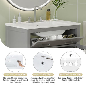 English Elm 30" Modern Bathroom Vanity with Ceramic Sink and Soft-Close Doors, Solid Wood MDF Build, Sleek Handles Gray N729P263155E