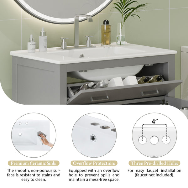 English Elm 30" Modern Bathroom Vanity with Ceramic Sink and Soft-Close Doors, Solid Wood MDF Build, Sleek Handles Gray N729P263155E