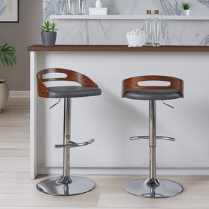 English Elm Adjustable Swivel Barstools with Chrome Base Walnut Accents and Grey Faux Leather Set of 2 B202S02167