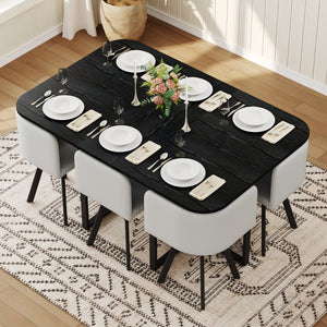 English Elm 7 Piece Modern Dining Set Black Wood Grain Table Gray Pu Chairs Seats Six W3875S00096