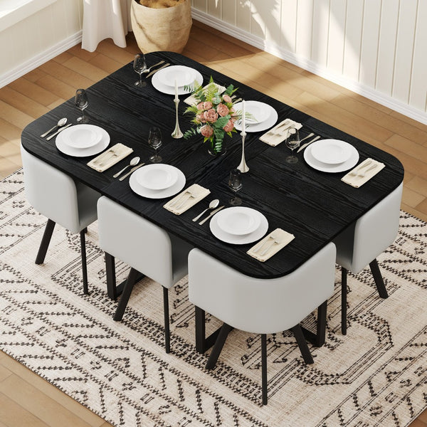 English Elm 7 Piece Modern Dining Set Black Wood Grain Table Gray Pu Chairs Seats Six W3875S00096