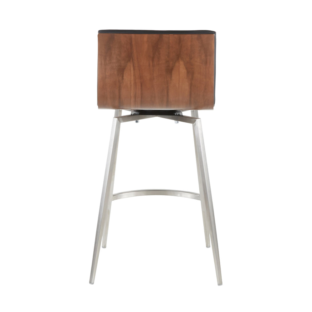 English Elm Mason Contemporary Swivel Counter Stool Set of 2 — Tufted Black Faux Leather, Walnut Back, Stainless Base B202P222086