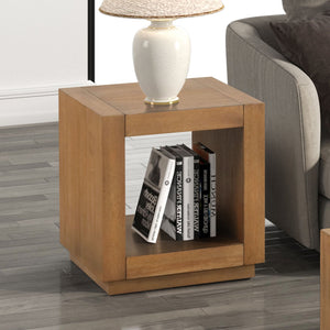 English Elm Square Contemporary End Table with Plinth Base and Open Shelf, Medium Oak Finish, 20" W x 22.1" H B2741P395381