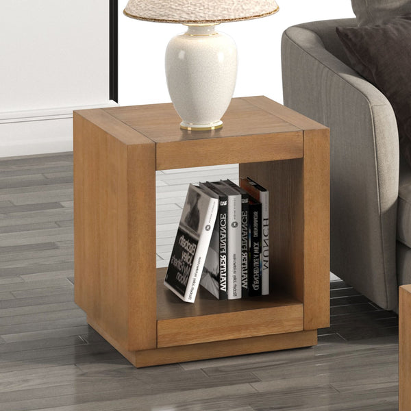 English Elm Square Contemporary End Table with Plinth Base and Open Shelf, Medium Oak Finish, 20" W x 22.1" H B2741P395381