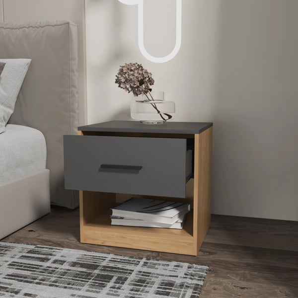 English Elm Natural Oak Modern Nightstand with Drawer and Open Shelf, Matt Grey Accents for Cozy, Organized Bedrooms B062P290238