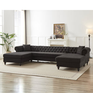 English Elm 135.5-inch Modern Chenille U-Shaped Sectional Sofa with Dual Chaise, Pull-Point Detail, Pillows, Wooden Legs Black W1926S00046