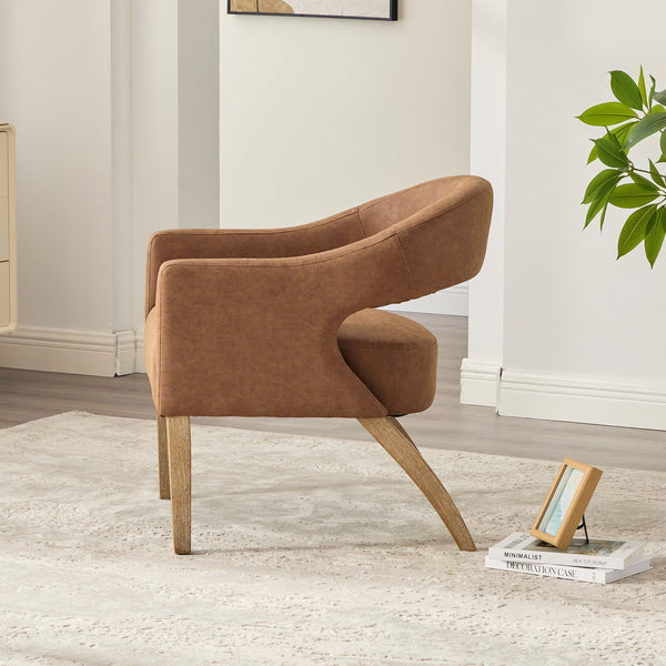 English Elm Modern Upholstered PU Open Back Accent Armchair with Weathered Rubberwood Legs and Foam Seat Comfort Brown W3118P307510