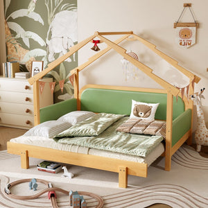 English Elm Twin Pine Treehouse Floor Bed with Padded Rails and Cabin Roofline for Kids Green W1580S00384