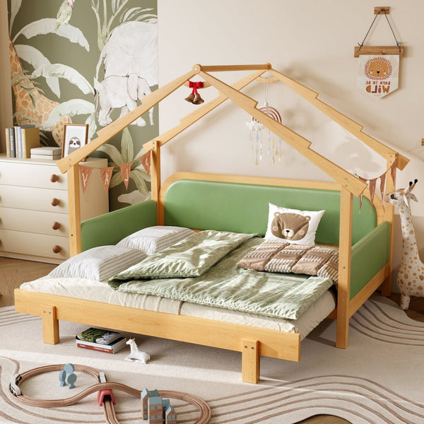 English Elm Twin Pine Treehouse Floor Bed with Padded Rails and Cabin Roofline for Kids Green W1580S00384