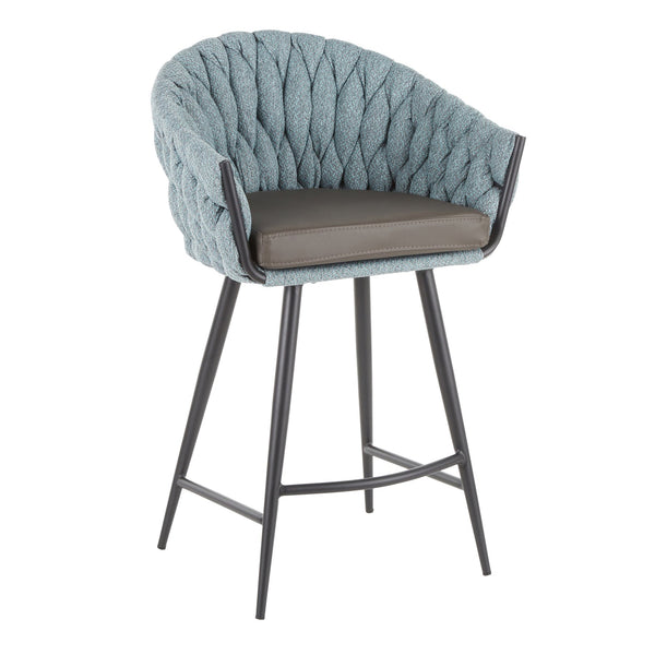 English Elm Braided Matisse Contemporary Counter Stool - Grey Faux Leather & Blue Fabric, Black Metal Frame, Braided Style B202P221807