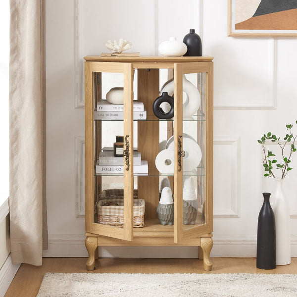 English Elm Elegant Curio Cabinet with Tempered Glass Doors, LED Lighting, Mirrored Back, Adjustable Shelves, Anti-Tip Safety Light Oak W1758P290028