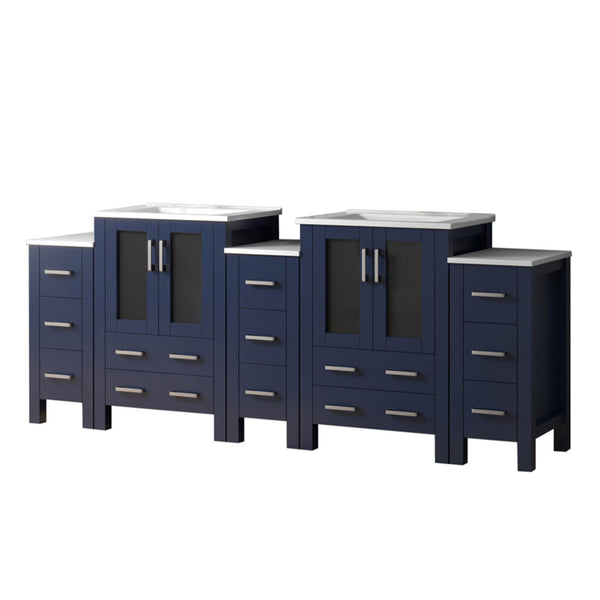 English Elm Volez 84 in Navy Blue Double Bath Vanity with White Ceramic Top, Solid Wood, Soft-Close, 13 Drawers B2731P337024