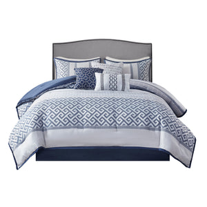 English Elm 7 Madison Park Bennett Jacquard Comforter Set Navy Cal King – 7pc Striped Geometric Luxe Bedding, Faux Silk Bedskirt, Machine Washable B03597210