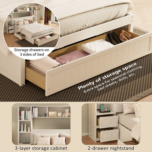 English Elm Full Full Size Pine Platform Bed with 3 Drawers, Built-In Cabinets, 2 Charging Stations & Storage Shelf Frame BS701P286280K