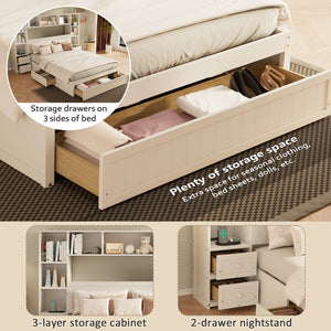 English Elm Queen Pine Wood Platform Bed with Built-In Nightstands, 2 Charging Stations, 3 Drawers & Storage BS701P286275K