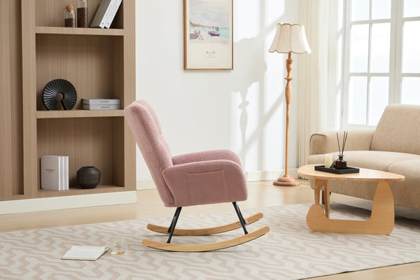 English Elm Modern Teddy Upholstered Rocking Glider Chair with High Backrest and Solid Wood Legs for Nursery Comfort Pink W2725P213509