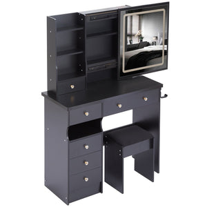 English Elm 37" Vanity Table Set with Led Mirror Stool Built-in Outlets and Hair Dryer Storage Black W3258P448840