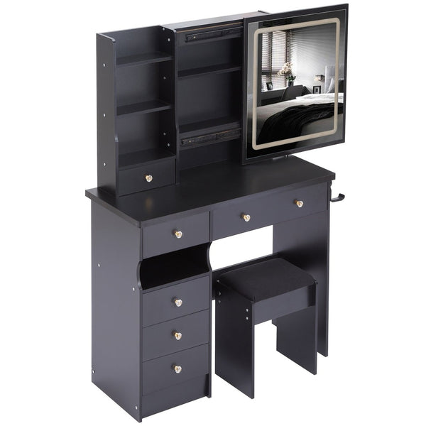 English Elm 37" Vanity Table Set with Led Mirror Stool Built-in Outlets and Hair Dryer Storage Black W3258P448840