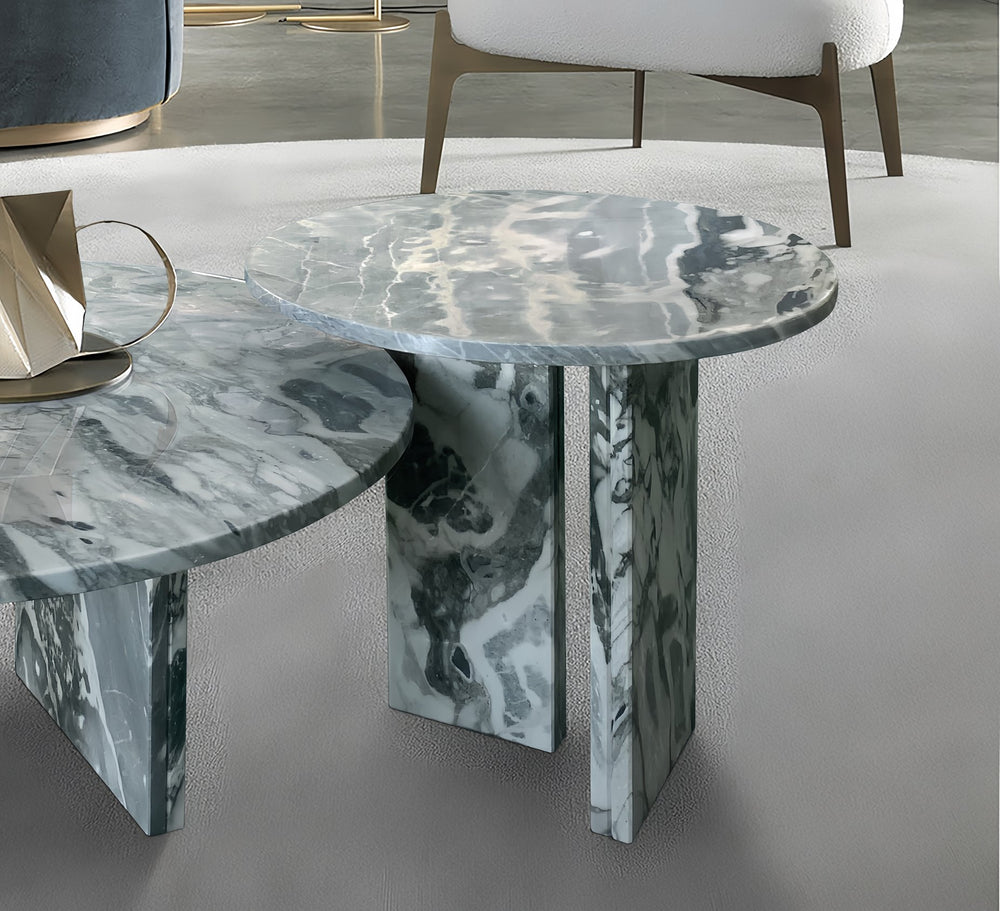 English Elm Blue Blue Gray natural marble coffee table set — luxury veined stone duo, polished, easy-assemble centerpiece W1696S00003
