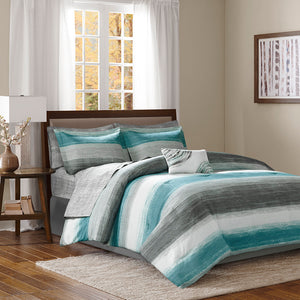 JLA Home Madison Park Essentials - 9 9-Piece Watercolor Stripe Comforter Set with Cotton Sheets, Antimicrobial, OEKO-TEX Certified, Plush MPE10-696