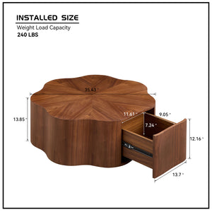 English Elm 35.43 Petal-Shaped Round Coffee Table with Hidden Drawer, 39.37" Wide Walnut MDF Accent Table for Living Room W2582P338168