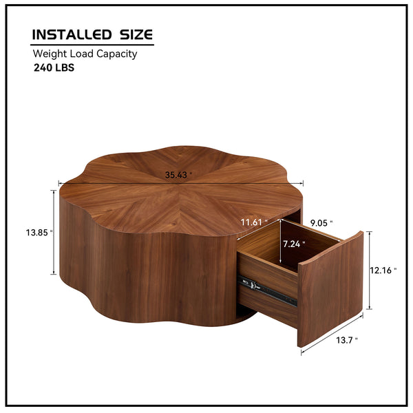 English Elm 35.43 Petal-Shaped Round Coffee Table with Hidden Drawer, 39.37" Wide Walnut MDF Accent Table for Living Room W2582P338168