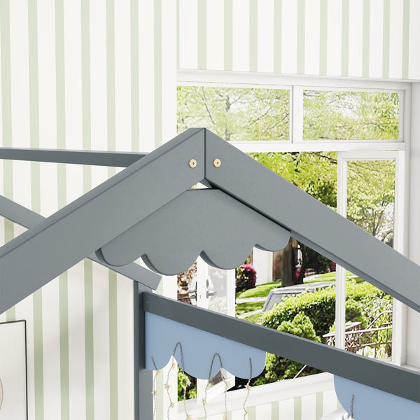 English Elm Double Twin House-Style Floor Bed with Fence Guardrails for Kids, Pine & Plywood Durable Design Grey W504P308458