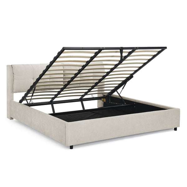 English Elm King Size Chenille Upholstered Hydraulic Platform Bed With Storage & Integrated Headboard, Beige W1413S00115