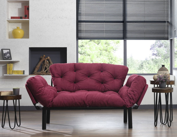 English Elm Nitta Modern Adjustable Arm Love Seat — Convertible Two-Seater Sofa Bed with Plush Upholstery, Metal Frame Burgundy B029P330055