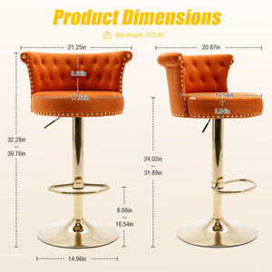 English Elm UNITED Velvet 360° Rotating Bar Chair with Diamond Stitching, Gold Frame, Plush Foam Seat, Adjustable Height Orange W1568P361721