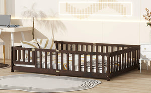 English Elm Full Size Rubberwood Floor Bed with Safety Guardrails and Latching Door for Toddlers Espresso W504P429302