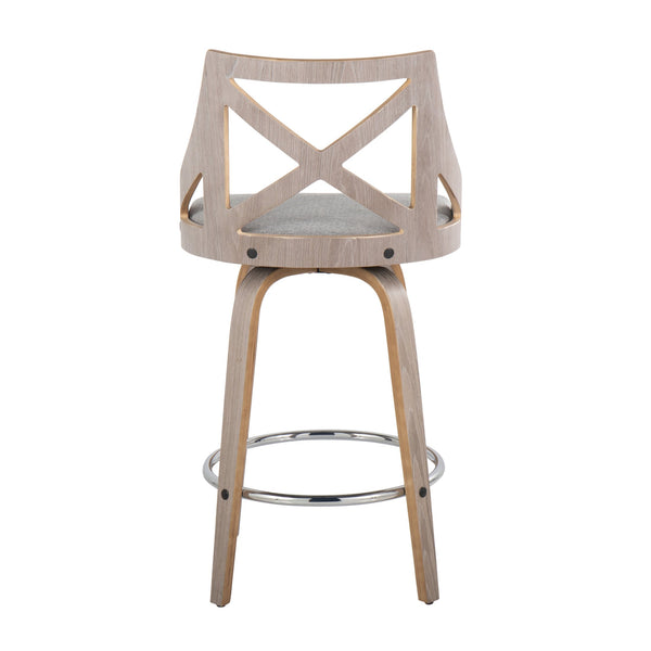 English Elm Charlotte 26" Farmhouse Counter Stool Set of 2 — Light Grey Wood, Grey Fabric Swivel, X-Back, Chrome Footrest B202S00179