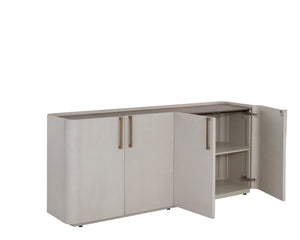 Sunpan Jamille Contemporary Sideboard - Cream Faux Leather, Warm Brass Base, Oak Veneer Top & Soft Close Doors