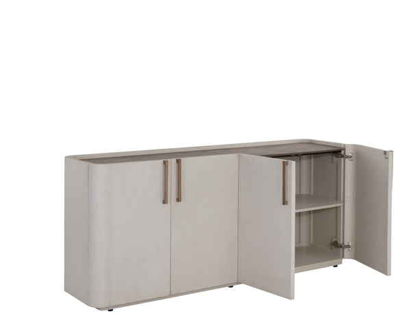 Sunpan Jamille Contemporary Sideboard - Cream Faux Leather, Warm Brass Base, Oak Veneer Top & Soft Close Doors