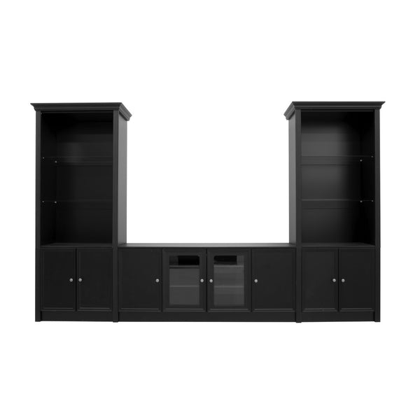 English Elm U-can Three Piece Wall Unit Built-in Media Center with Crown Molding and Tempered Glass Storage Black SJ000156AAB