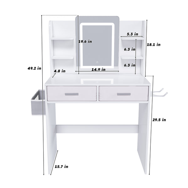 English Elm LED Mirror Vanity Dressing Table with 3-Color Lights, 2 Drawers, Hair Dryer Stand & Spacious Desk W2700P297921