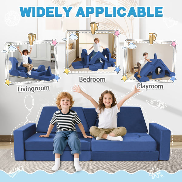English Elm 14pcs Modular Foam Play Couch Set Convertible Toddler Fort Builder for Playrooms Blue T5880P493446