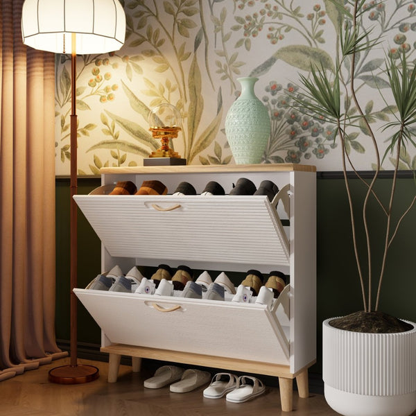 English Elm Shoes Storage Cabinet Slim Flip Door Entryway Organizer with Natural Wood Legs 16 Pairs W3166P268388
