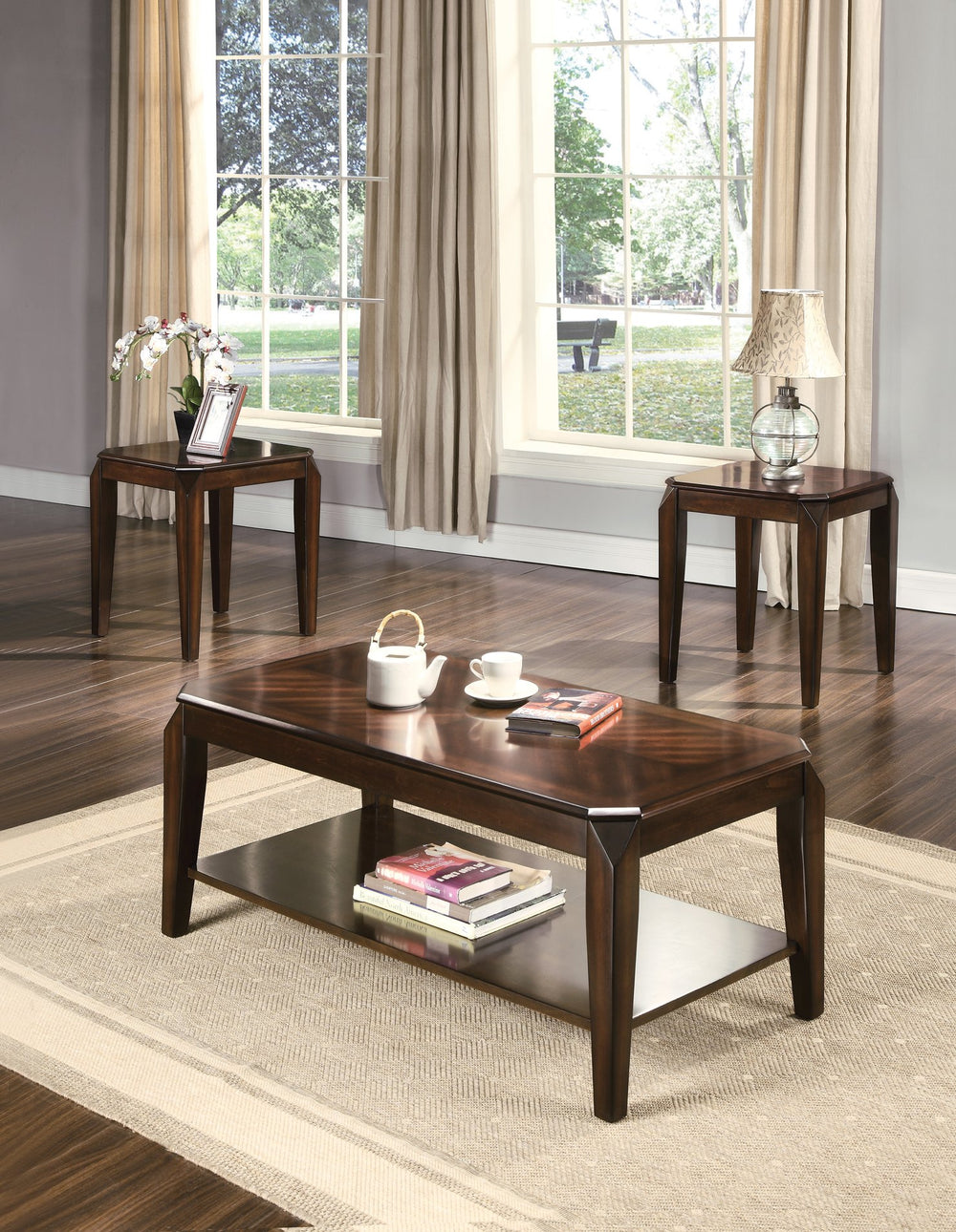 English Elm Docila Walnut 3PC Coffee & 2 End Tables Set – Parquet Top, 79mm Solid Aprons, Tapered Legs, Stylish B2726P251269