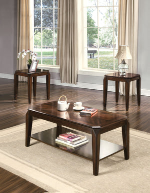 English Elm Docila Walnut 3PC Coffee & 2 End Tables Set – Parquet Top, 79mm Solid Aprons, Tapered Legs, Stylish B2726P251269