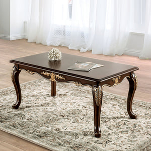 English Elm Rich Solid Wood Coffee Table 48"W x 27.5"D Classic Tobacco Finish Carved Cabriole Legs Gold Accents Elegant Design B2741P361145