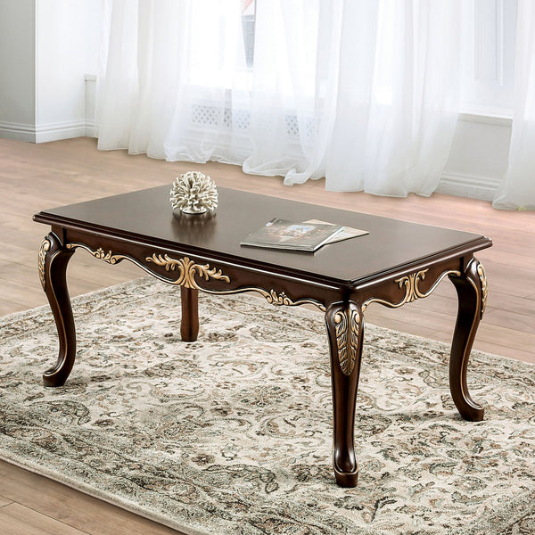 English Elm Rich Solid Wood Coffee Table 48"W x 27.5"D Classic Tobacco Finish Carved Cabriole Legs Gold Accents Elegant Design B2741P361145