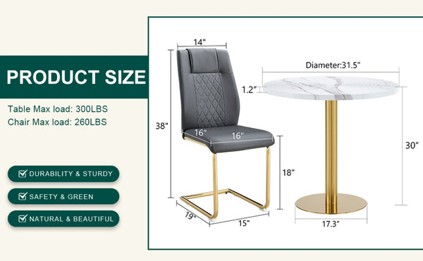 English Elm Table 5-Piece Set: Elegant 31.5-Inch Round Marble Dining Table With 4 Gray Pu Chairs & Gold Legs W1151S02493-GIGA