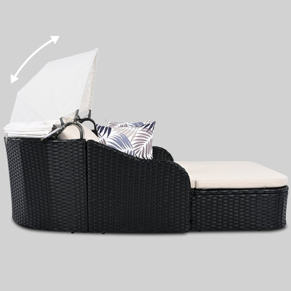 English Elm GO Outdoor Sun Bed with Adjustable Canopy, Durable PE Rattan Double Lounger, Zippered Cushions and Pillows for Easy Care and 500lb Capacity Beige+Black FG201223AAK