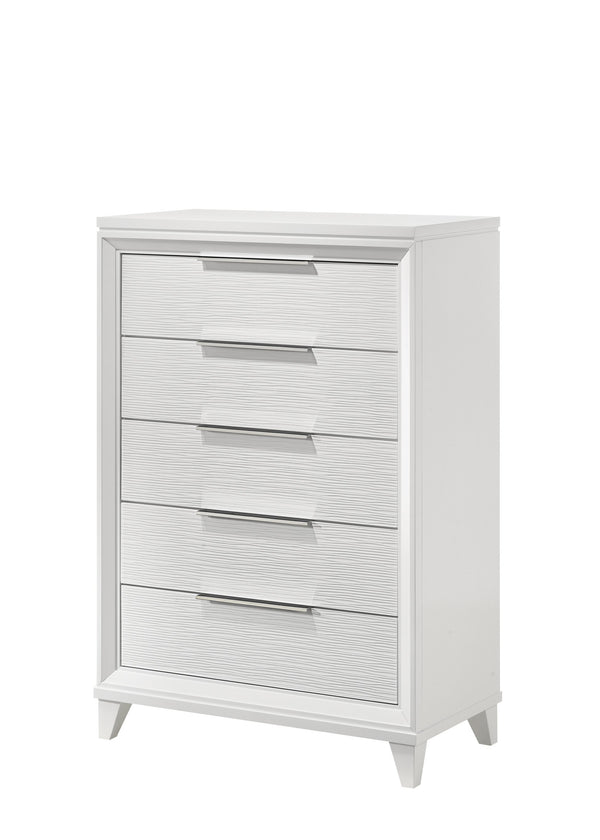 English Elm Contemporary White Textured 5-Drawer Tall Chest Solid Wood Bedroom Storage with Tapered Feet, Easy Assembly B2741P320865