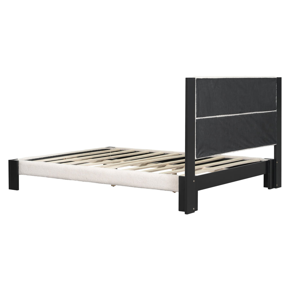 English Elm Christopher Knight Home® - Boucle Queen Upholstered Bed Frame with Square-Stitched Headboard, Beige Fabric & Black Legs - Cozy Platform Design N758Q545253A