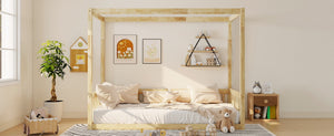 English Elm Twin Canopy Floor Bed Rubberwood Frame with Fence Guardrails for Kids Bedroom Natural W504P351804
